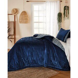 new Wild Sage Velvet Floral 3-Piece Reversible TWIN Quilt Set in Dark Denim-Blue